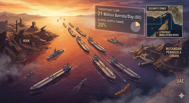 Ilustrasi selat Hormuz. (Foto/Gemini AI).