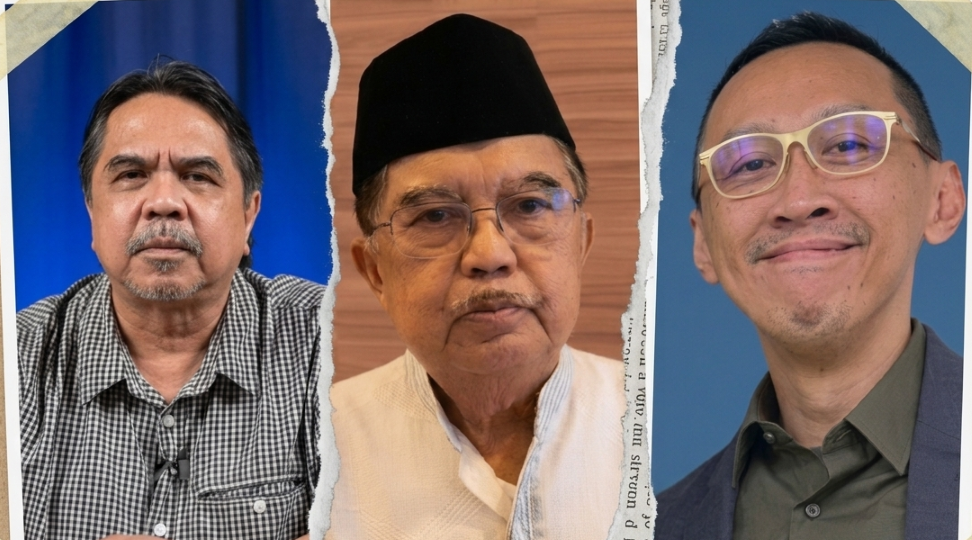 Eks Wapres Jusuf Kalla (tengah), Ade Armando (kanan) dan Abu Janda (kiri). (BeritaNasional/IG JK/Cokro TV/Istimewa)