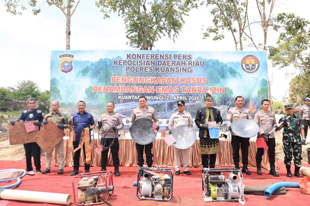 Pengungkapan 29 kasus tambang emas ilegal di Riau sepanjang 2026. (BeritaNasional/Humas Polri)