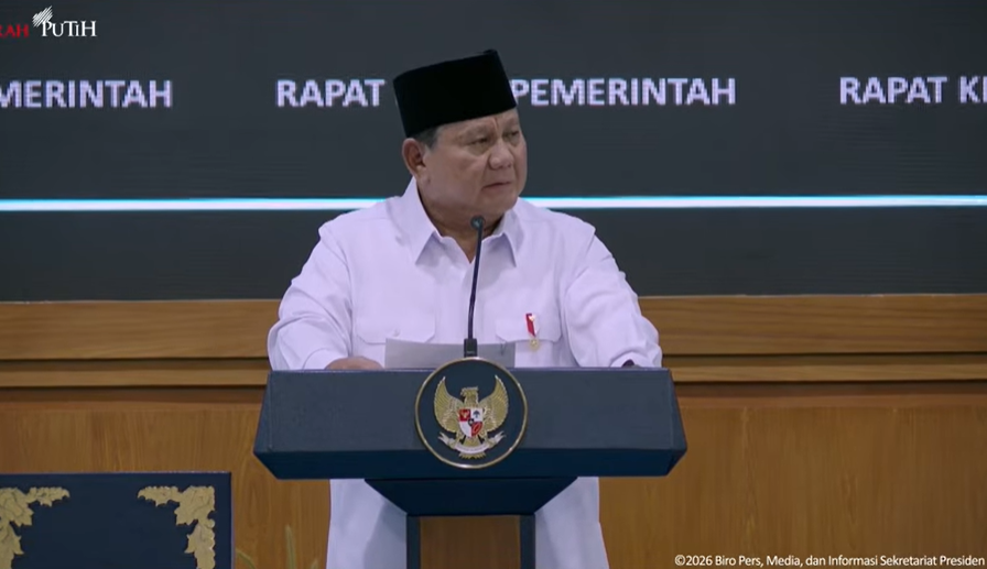 Presiden Prabowo Subianto dalam Raker Pemerintah dan Kabinet Merah Putih di Istana Negara, Jakarta, Rabu (8/4/2026). (BeritaNasional/YT Setpres)