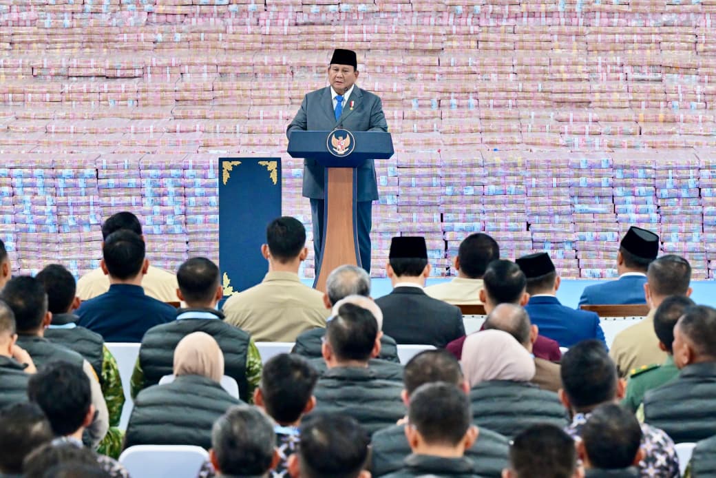 Presiden Prabowo Subianto saat menghadiri Penyerahan Denda Administratif dan Penyelamatan Keuangan Negara. (Foto/BPMI).