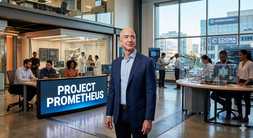 Ilustrasi Pendiri Amazon, Jeff Bezos dan Project Prometheus. (BeritaNasional/Gemini AI-Kiswondari)