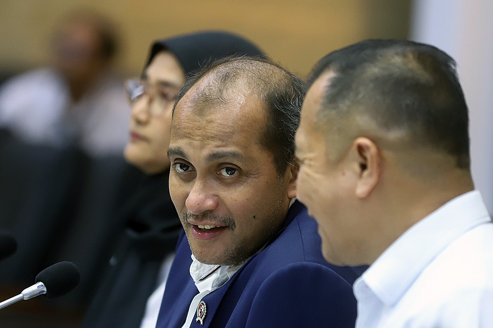 Wakil Menteri Hukum, Profesor Edward Omar Sharif Hiariej menghadiri rapat kerja bersama Badan Legislasi (Baleg) DPR RI. (BeritaNasional/Elvis Sendouw)