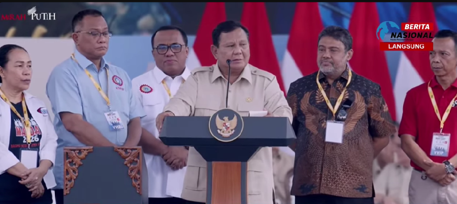 Presiden Prabowo hadiri Hari Buruh 2026 di kawasan Monumen Nasional, Jakarta Pusat. (Foto/Tangkapan Layar)