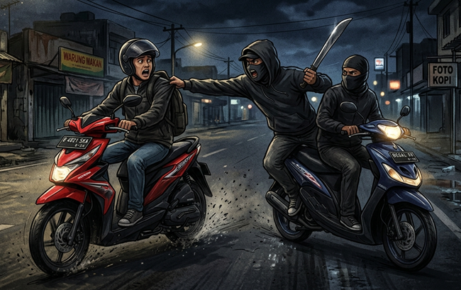 Ilustrasi begal di jalanan. (Foto/Gemini AI).