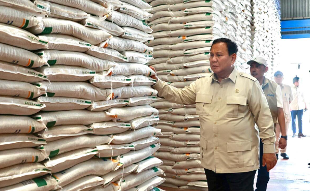 Presiden Prabowo Subianto mengecek ketersediaan beras di gudang Bulog Danurejo Magelang. (BeritaNasional/Setpres)