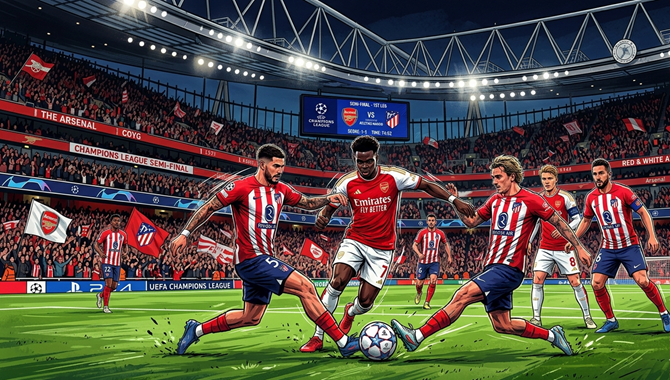 Ilustrasi pertandingan Arsenal vs Atletico Madrid. (Foto/Gemini AI)