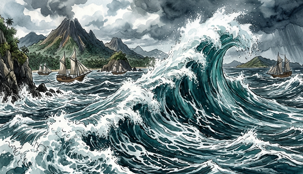 Ilustrasi gelombang tinggi air laut di Indonesia (Foto/Gemini AI)