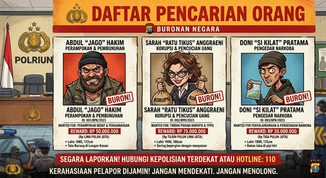 Ilustrasi karikatur Daftar Pencarian Orang. (Foto/Gemini AI).