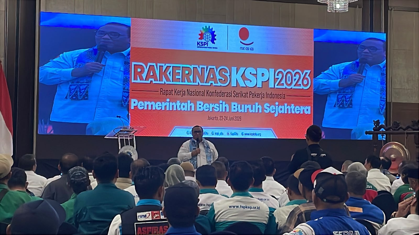 Presiden KSPSI Andi Gani Nena Wea di Rakernas KSPI di wilayah Jakarta Pusat, Selasa (23/6/2026). (BeritaNasional/Bachtiar)