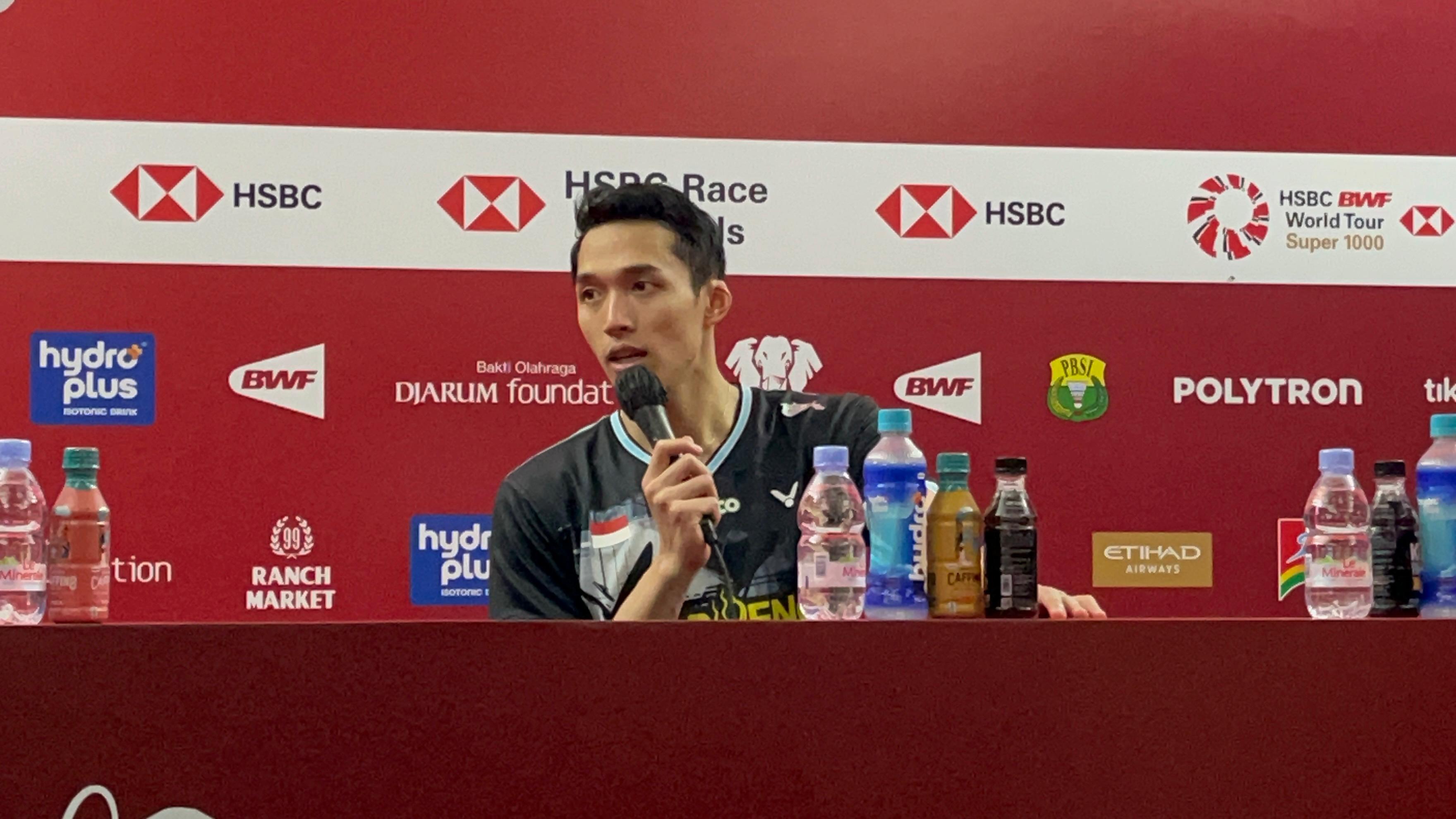 Tunggal putra bulu tangkis Indonesia Jonatan Christie (jersey hitam). (Beritanasional/Ajeng Tiara)
