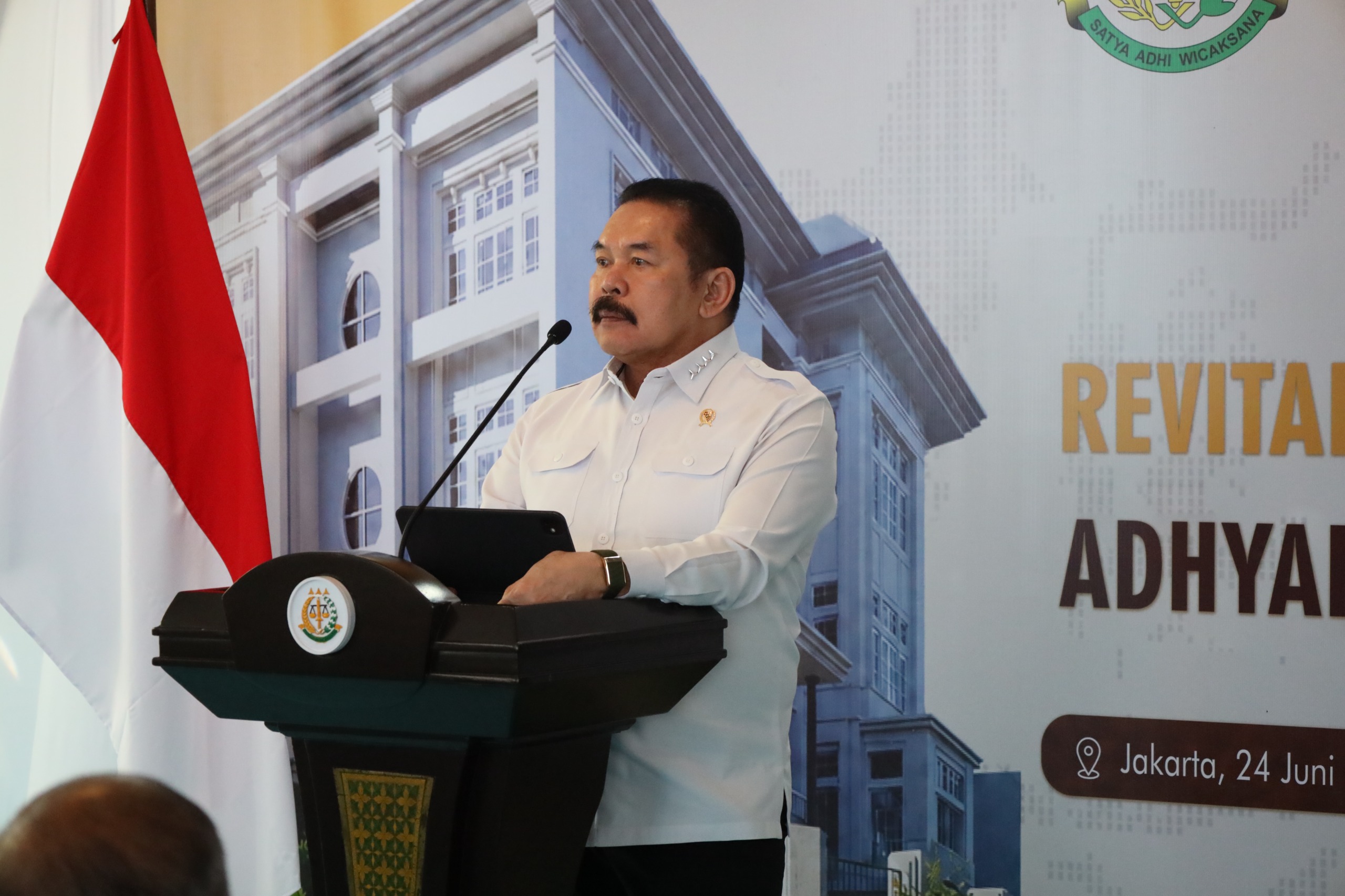 Jaksa Agung Sanitiar (ST) Burhanuddin saat Kick Off Revitalisasi Gedung Adhyaksa Chambers di Kuningan, Jakarta, Rabu (24/6/2026). (BeritaNasional/Bachtiar)