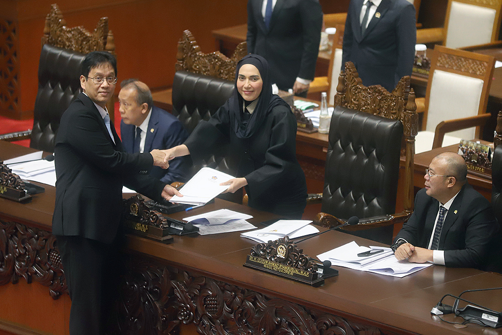 Menteri Keuangan Purbaya Yudhi Sadewa menyampaikan tanggapan pemerintah terkait KEM. (BeritaNasional/Elvis Sendouw)