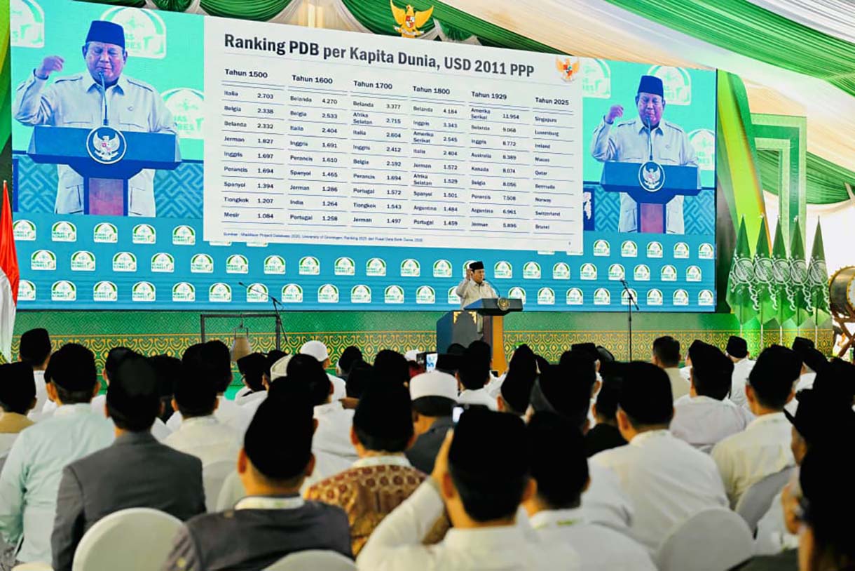 Presiden Prabowo Subianto berpidato saat menghadiri penutupan Musyawarah Nasional Alim Ulama dan Konferensi Besar Nahdlatul Ulama (NU) di IAI Syachona Mohammad Cholil, Bangkalan, Jawa Timur, Selasa (23/6/2026). (Beritanasional.com/Oke Atmaja)