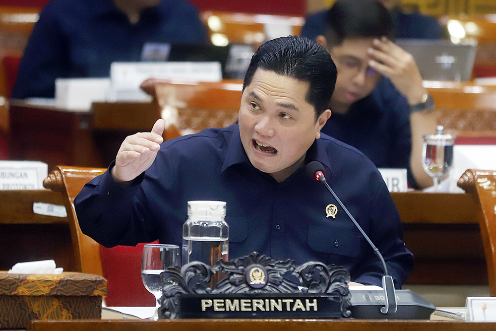 Menteri Pemuda dan Olahraga (Menpora) Erick Thohir menyampaikan paparan kerja pada rapat kerja (raker) bersama Komisi X DPR di Kompleks Parlemen, Senayan, Jakarta. (BeritaNasional/Elvis Sendouw)