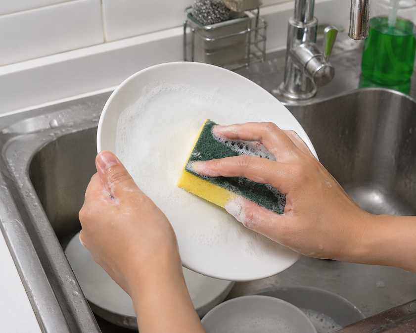 Mencuci piring dengan spons. (BeritaNasional/ChatGPT)