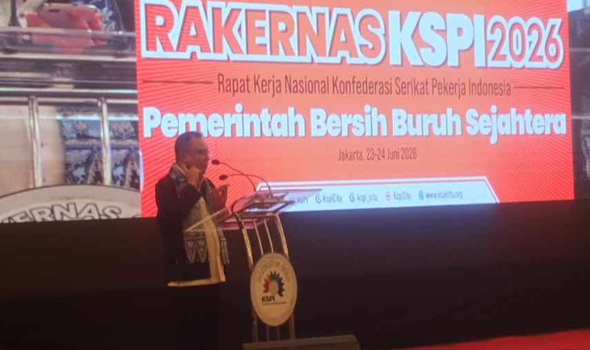 Wakil Ketua DPR Sufmi Dasco Ahmad hadiri Rakernas KSPI 2026 di Jakarta Pusat. (BeritaNasional/Bachtiarudin)