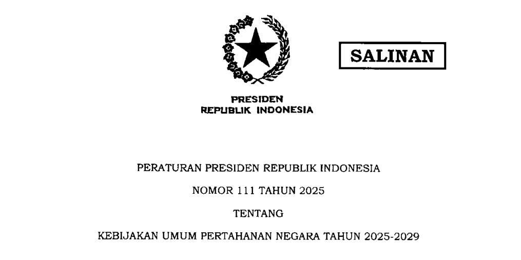 Perpres Nomor 111 Tahun 2025 tentang Kebijakan Umum Pertahanan Negara Tahun 2025-2029 yang memuat LGBTQ sebagai ancaman nonmiliter. (BeritaNasional/JDIH BPKP)