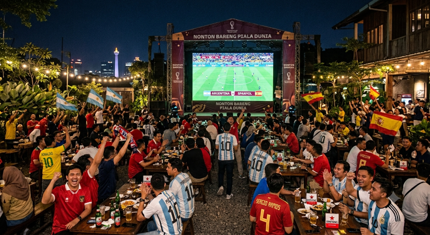 Ilustrasi nonton bareng (nobar) Piala Dunia. (BeritaNasional/Gemini AI)