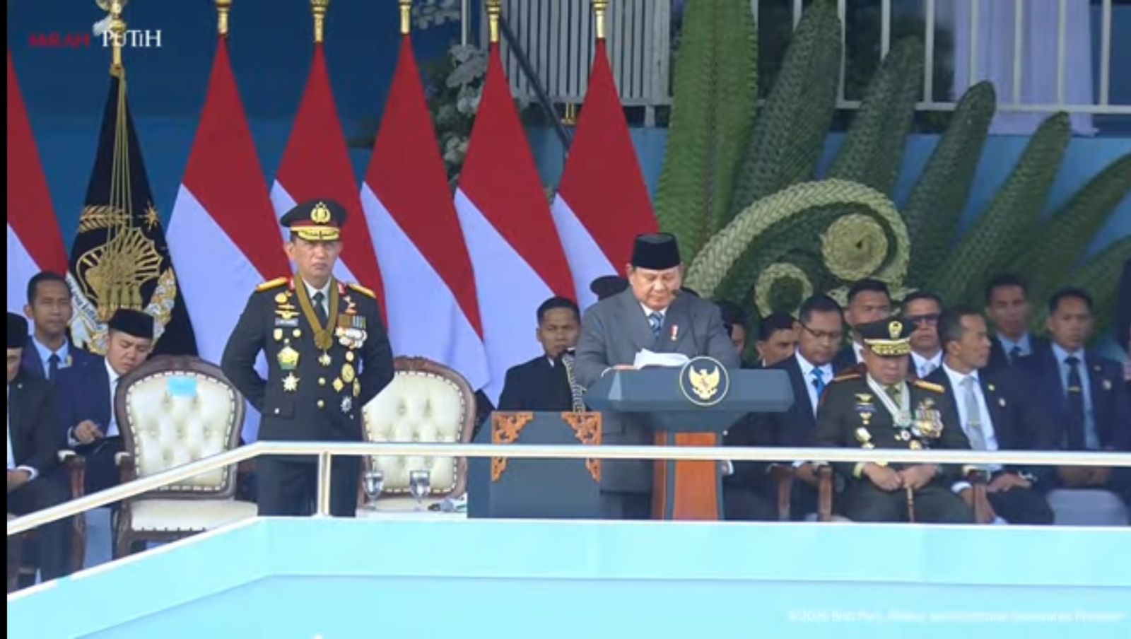 Presiden Prabowo saat memberikan pidato di HUT Bhayangkar ke-80. (Foto/YouTube Sekretariat Presiden)