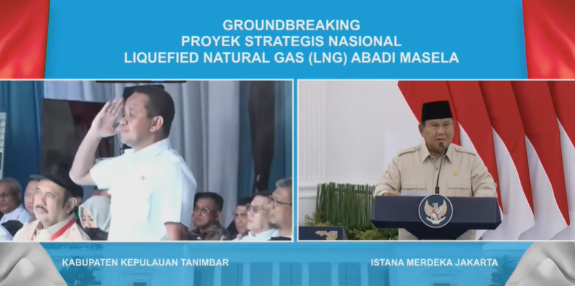 Presiden Prabowo Subianto memberikan sambutan pada acara groundbreaking Proyek LNG Abadi Masela dari Istana Negara, Jakarta, Kamis (16/7/2026). (BeritaNasional/YT Setpres)