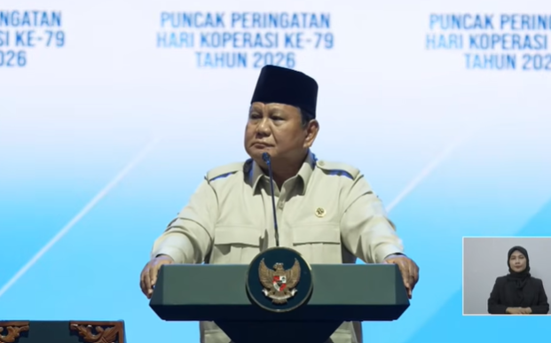 Presiden RI Prabowo Subianto dalam Puncak Peringatan Hari Koperasi Nasional 2026 di Indonesia Arena, Jakarta, Minggu (12/7/2026). (BeritaNasional/YT Setpres)
