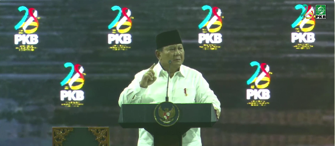 Presiden Prabowo saat menghadiri puncak peringatan Harlah Partai Kebangkitan Bangsa (PKB) di JCC Senayan. (Foto/YouTube PKB)