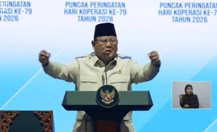 Presiden RI Prabowo Subianto dalam Puncak Peringatan Hari Koperasi Nasional 2026 di Indonesia Arena, Jakarta, Minggu (12/7/2026). (BeritaNasional/YT Setpres)