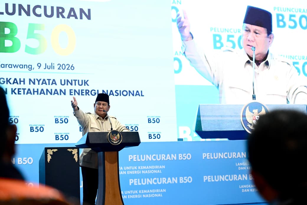 Presiden Prabowo Subianto saat peluncuran program biodiesel B50 di Rest Area Km 57, Kabupaten Karawang, Jawa Barat, Kamis (9/7/2026). (Foto/BPMI)