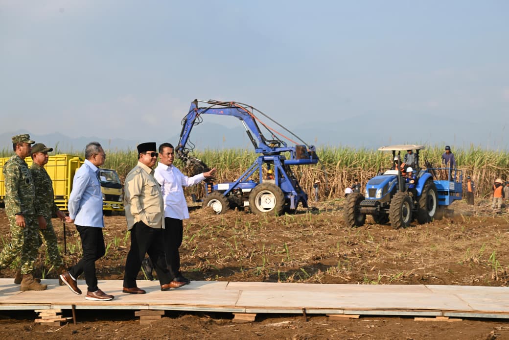 Presiden Prabowo Subianto bersama para menteri melihat panen tebu di Malang Jawa Timur. (BeritaNasional/Setpres)