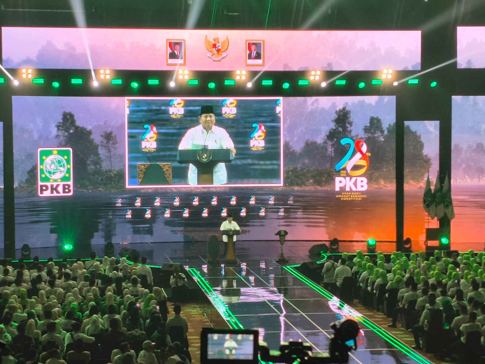 Presiden Prabowo saat pidato Peringatan Harlah ke-28 PKB di JCC. (BeritaNasional/Ahda)