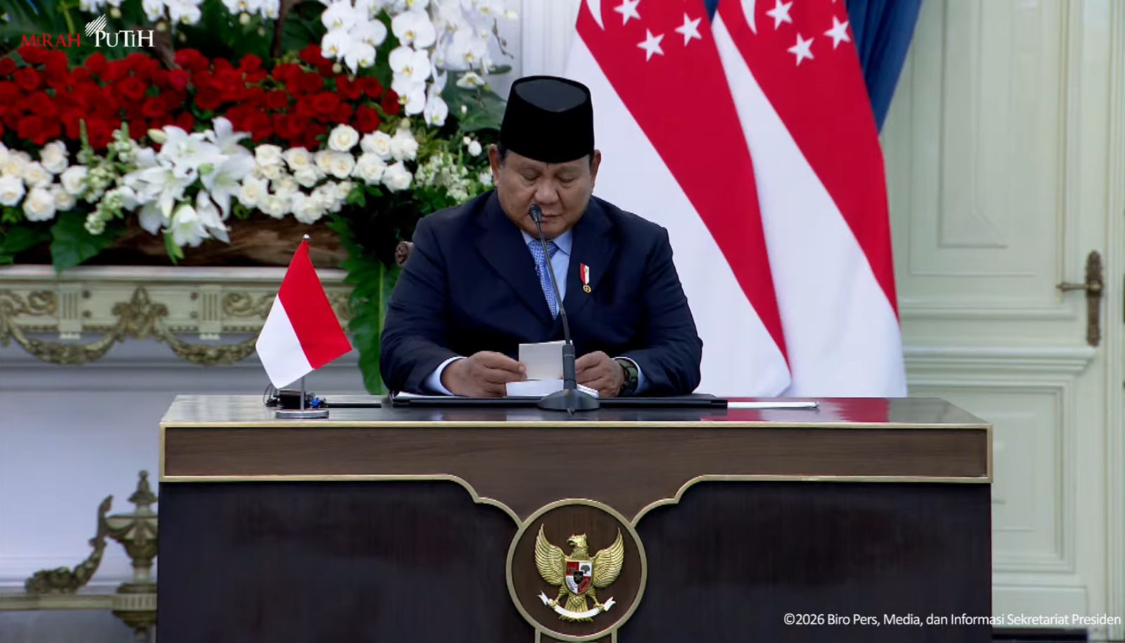 Presiden Prabowo usai pertemuan bilateral dengan Perdana Menteri Singapura Lawrence Wong. (Foto/YouTube Sekretariat Presiden)