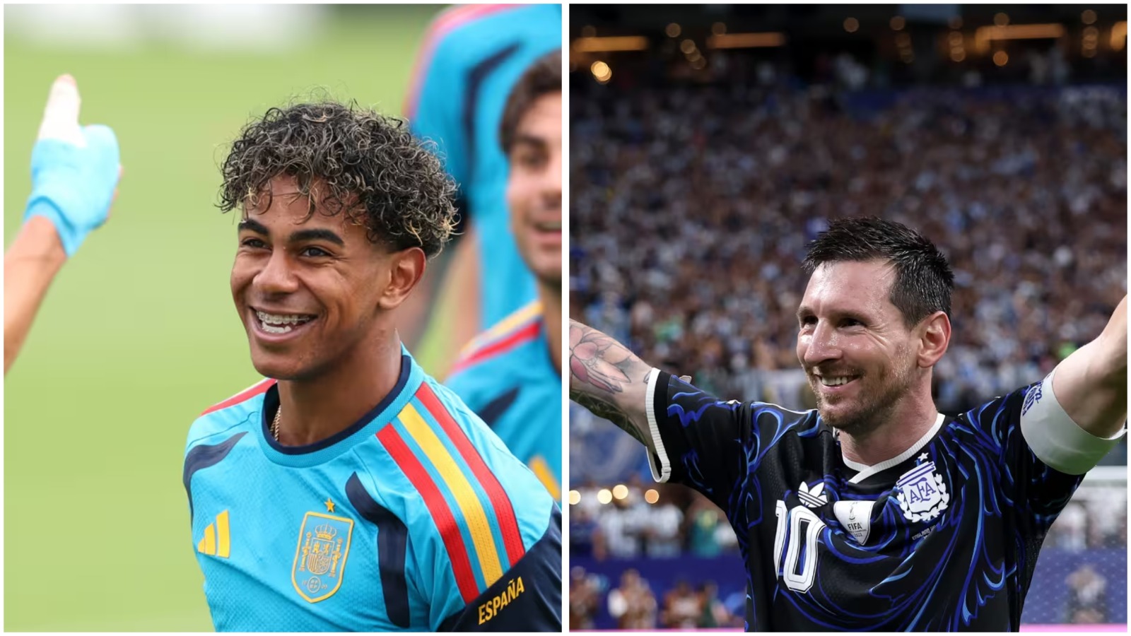 Pemain Spanyol Lamine Yamal (kiri) dan Kapten Timnas Argentina Lionel Messi (kanan). (Foto/FIFA)
