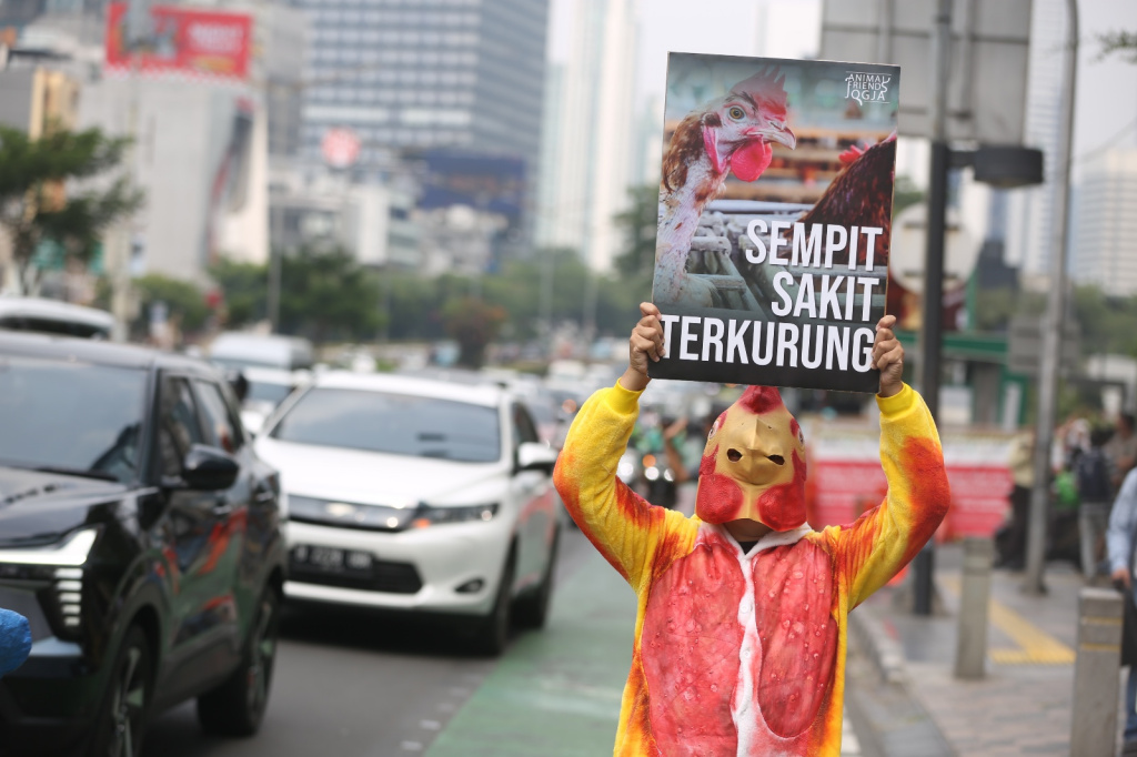 Aktivis yang tergabung dalam koalisi Animal Friends Jogja (AFJ) dan Act for Farmed Animals (AFFA) melakukan aksi di depan salah satu gerai Coffee Shop di kawasan Sudirman, Jakarta, Selasa (21 Juli 2026). (Beritanasional.com/Oke Atmaja)