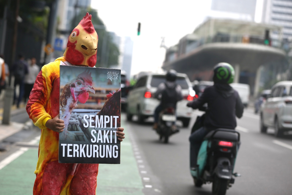 Aktivis yang tergabung dalam koalisi Animal Friends Jogja (AFJ) dan Act for Farmed Animals (AFFA) melakukan aksi di depan salah satu gerai Coffee Shop di kawasan Sudirman, Jakarta, Selasa (21 Juli 2026). (Beritanasional.com/Oke Atmaja)