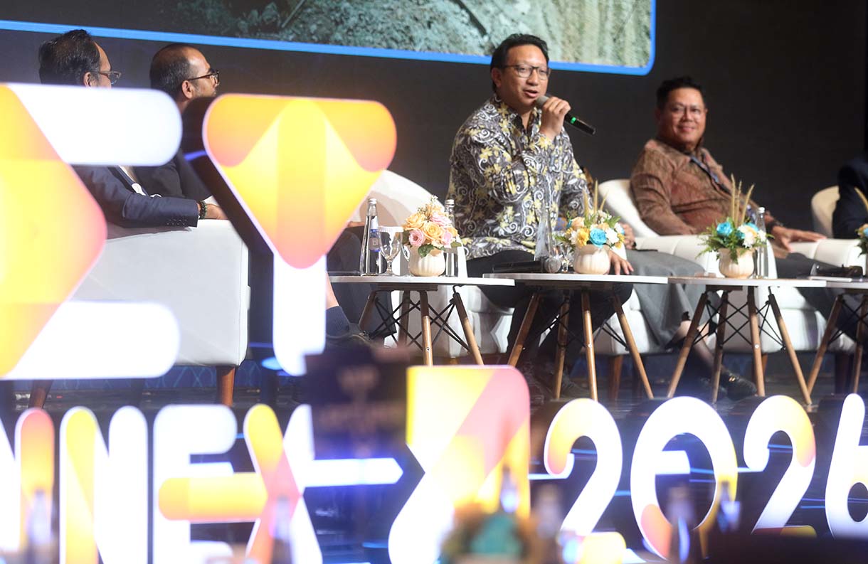 Dirut PT Arsari Tambang Aryo Djojohadikusumo menjadi pembicara dalam diskusi Met Connex-Mine Aidic 2026 di Jakarta International Convention Center, Jakarta, Selasa (12/5/2026).  (Beritanasional.com/Oke Atmaja)