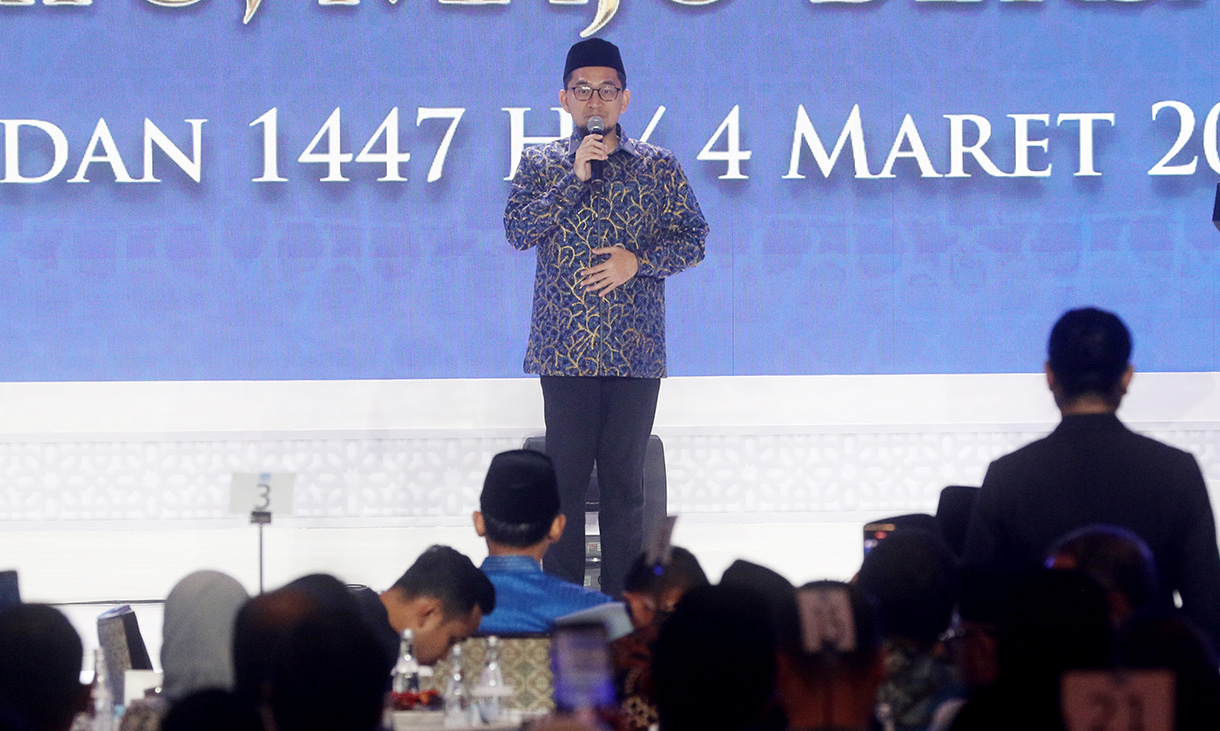 Ketua Umum Partai Demokrat Agus Harimurti Yudhoyono menyampaikan sambutan saat buka bersama Partai Demokrat di Jakarta, Rabu (4/3/2026).  (Beritanasional.com/ho/Oke Atmaja)