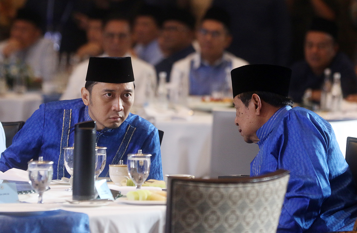 Ketua Umum Partai Demokrat Agus Harimurti Yudhoyono menyampaikan sambutan saat buka bersama Partai Demokrat di Jakarta, Rabu (4/3/2026).  (Beritanasional.com/ho/Oke Atmaja)