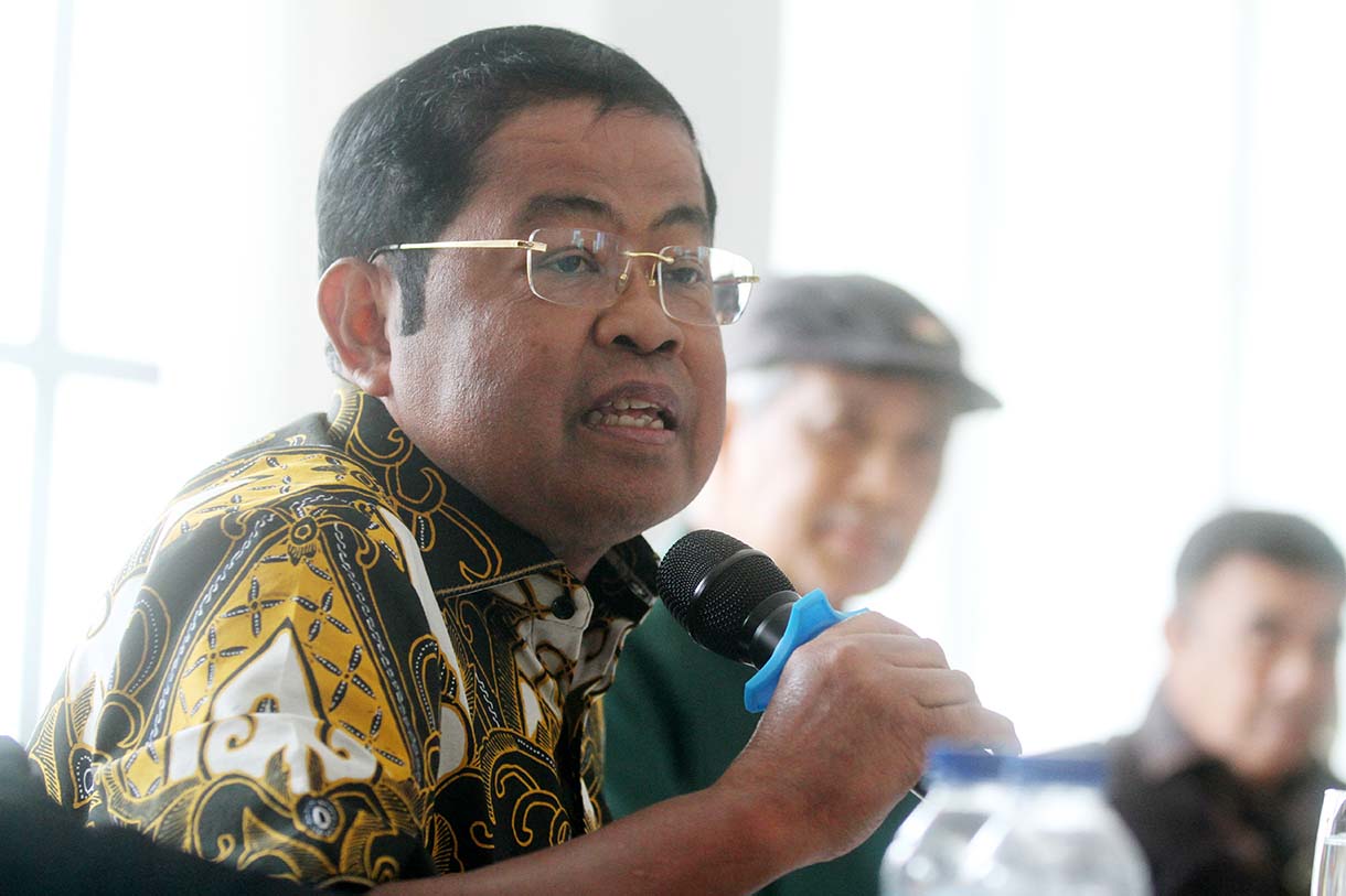 Mayjend Purnawirawan Prijanto memberikan pemaparanya dalam diskusi QUO Vadis Amandemen UUD 45 di Matraman, Jakarta Pusat, Sabtu (3/5/2025). (Beritanasional.com/Oke Atmaja)