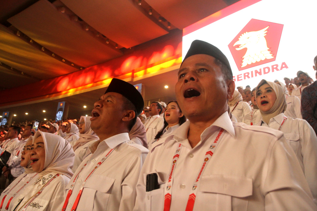 Presiden yang juga Ketua Umum Partai Gerindra Prabowo Subianto menyampaikan pidato saat perayaan HUT Ke-17 Partai Gerindra di Sentul International Convention Center, Bogor, Jawa Barat, Sabtu (15/2/2025).  (Berita Nasional.com/Oke Atmaja)