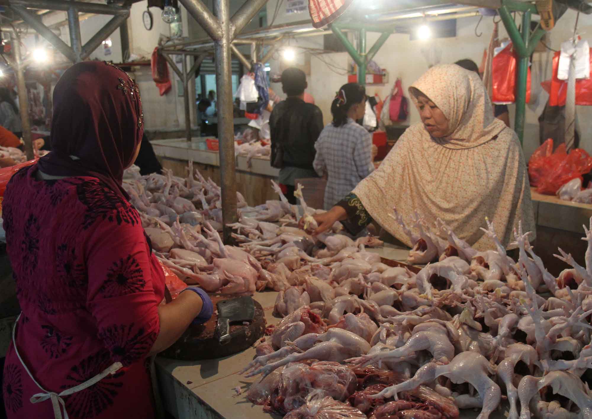 Penjual daging ayam melayani pembeli di Pasar Senen, Jakarta, Selasa (3/3/2026). (Beritanasional.com/Oke Atmaja)