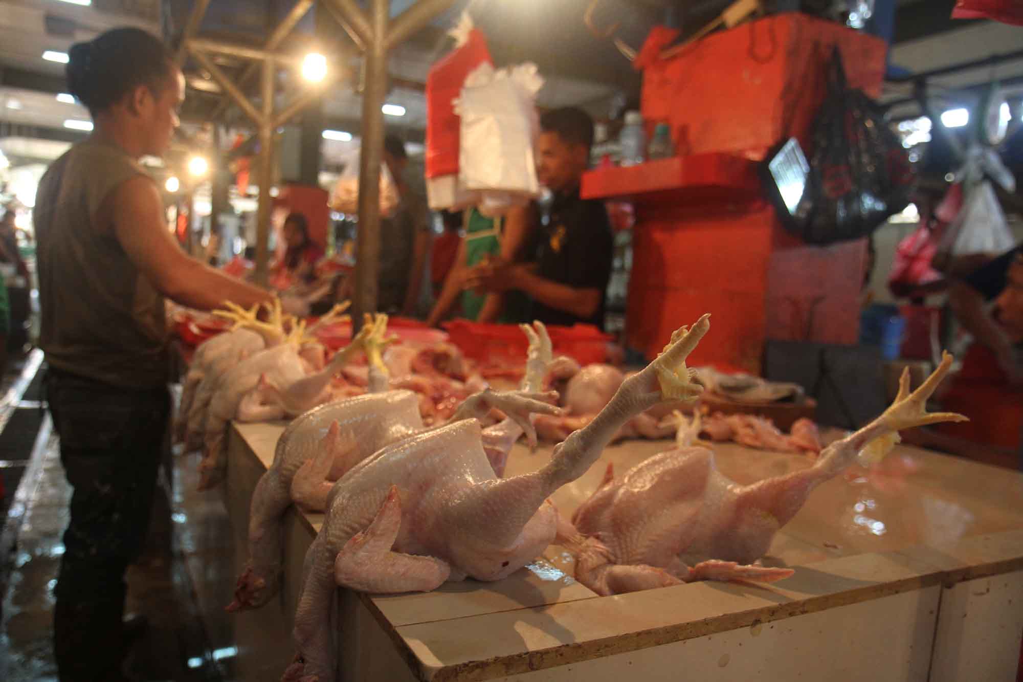 Penjual daging ayam melayani pembeli di Pasar Senen, Jakarta, Selasa (3/3/2026). (Beritanasional.com/Oke Atmaja)