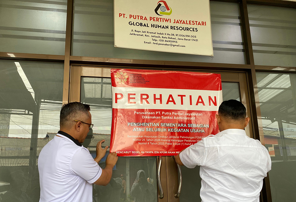 P2MI menghentikan sementara sebagian kegiatan usaha penempatan pekerja migran Indonesia milik PT Putra Pertiwi Jayalestari. (BeritaNasional/Elvis/HO P2MI)
