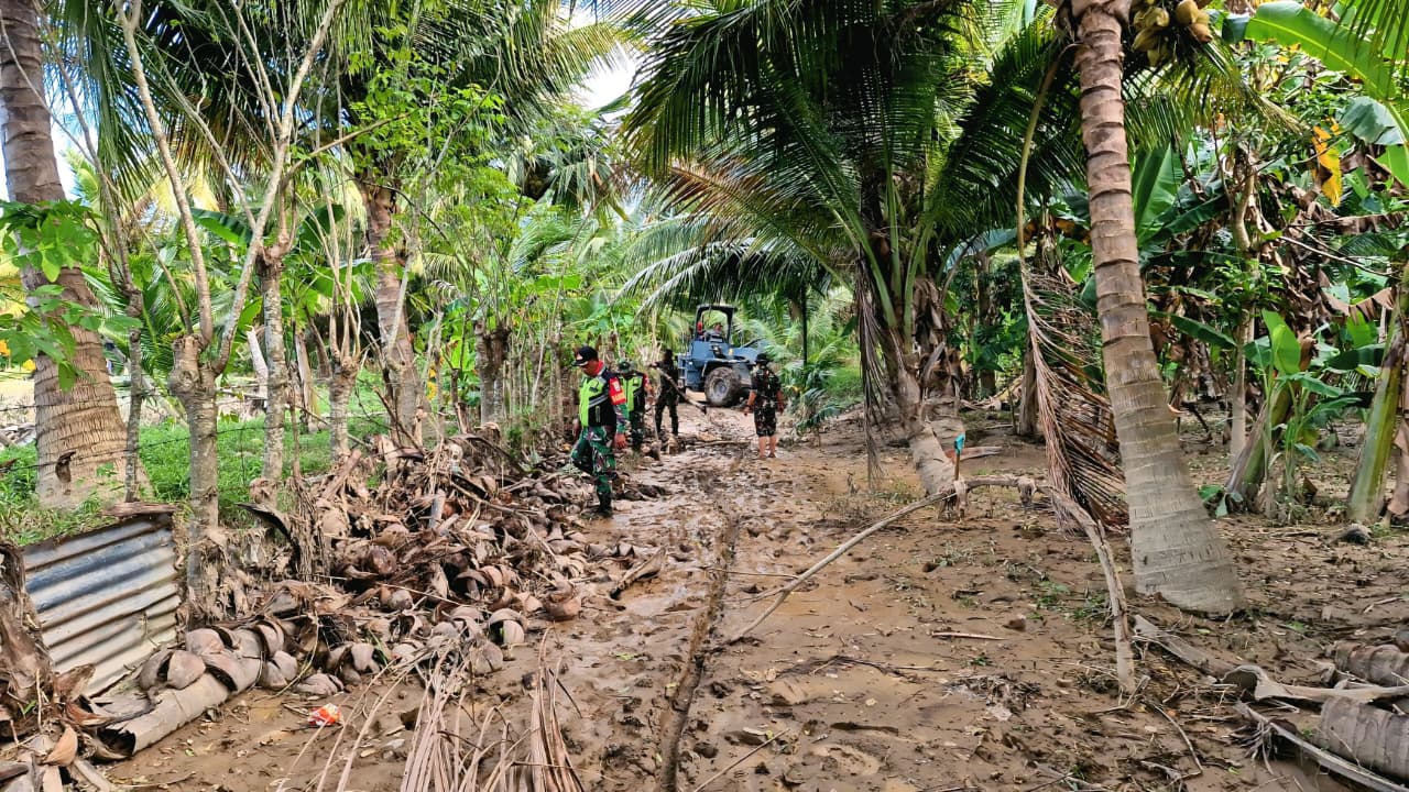 Kodam Iskandar Muda melalui Babinsa Koramil 07/Jangka, Kodim 0111/Bireuen, mengerahkan satu unit alat berat untuk mempercepat pembersihan material banjir dan longsor  di Desa Kuala Ceurape, Kecamatan Jangka, Kabupaten Bireuen. (BeritaNasional/Elvis/HO Dispenad)
