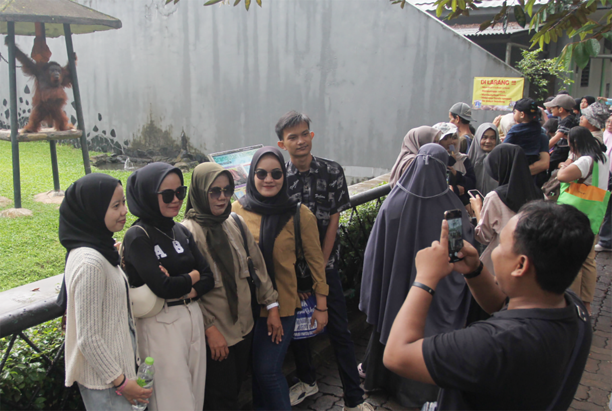 Pengunjung melihat burung Pelikan (Pelecanus Onocrotalus) saat berwisata di Taman Margasatwa Ragunan, Jakarta, Sabtu (4/1/2025). (BeritaNasional.com/Oke Atmaja