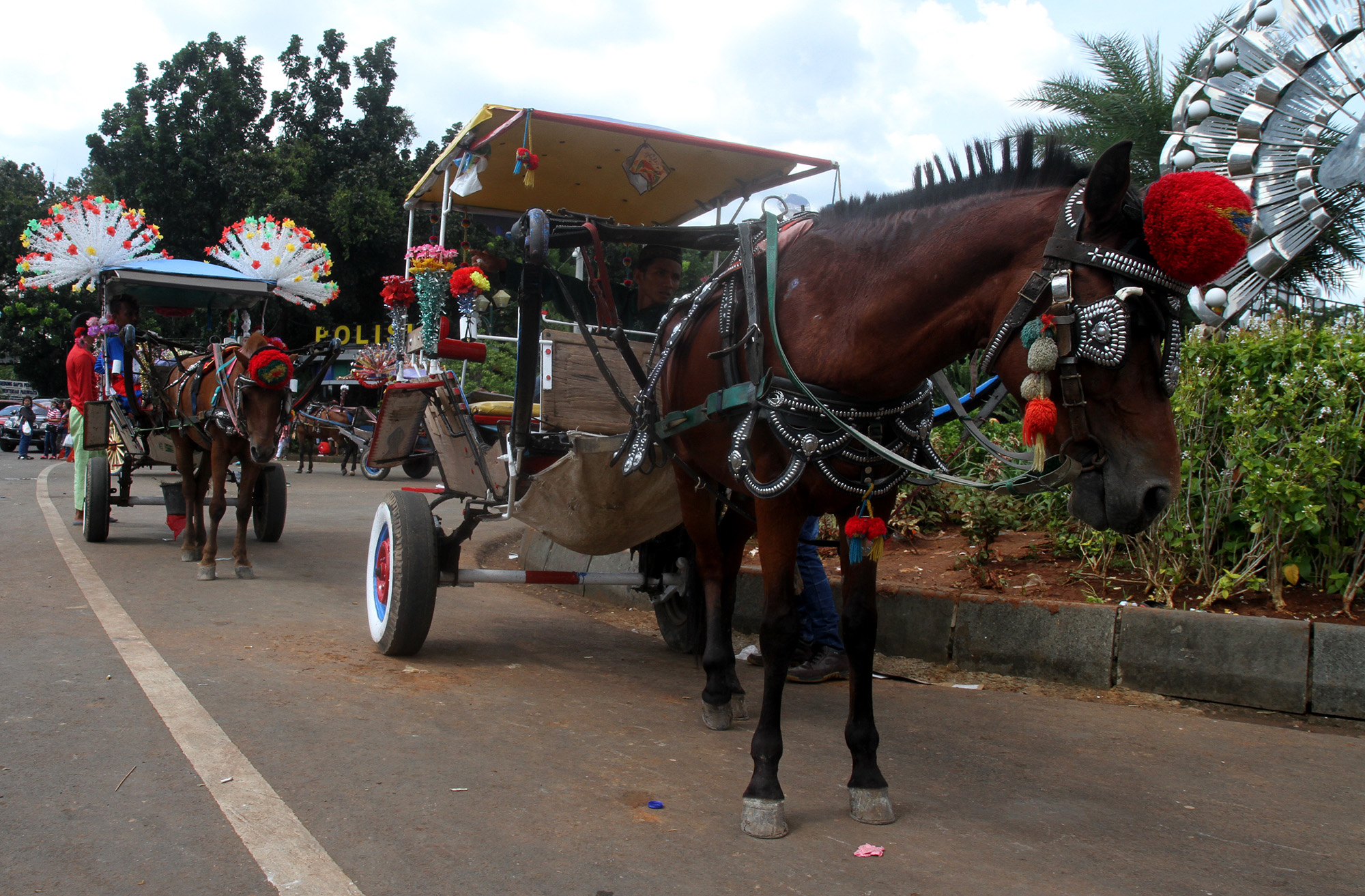 Warga berkeliling dengan delman di kawasan IRTI Monas, Jakarta, Rabu (01/01/2024).(BeritaNasional.com/Oke Atmaja)