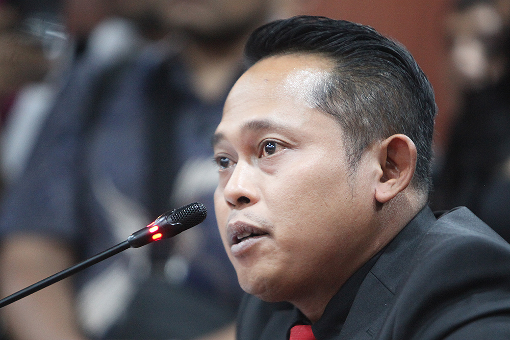 Sidang MKD terhadap Anggota DPR RI atas nama Yulius Setiarto, SH., MH A-234/F.PDIP. terkait aduan dugaan pelanggaran kode Etik berupa pernyataan teradu dalam akun Medsos (tiktok @yuliussetiarto) yang menuduh pihak institusi POLRI secara aktif menggalang dukungan untuk memenagkan calon-calon yang di dukung Mulyono di PILKADA Tahun 2024. (BeritaNasional/Elvis Sendouw)