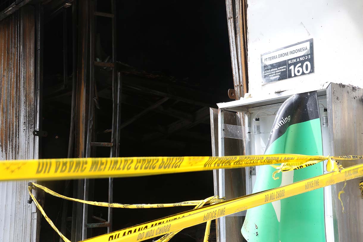 Gedung Terra Drone usai terbakar di kawasan Cempaka Putih (Beritanasional.com/Oke Atmaja)