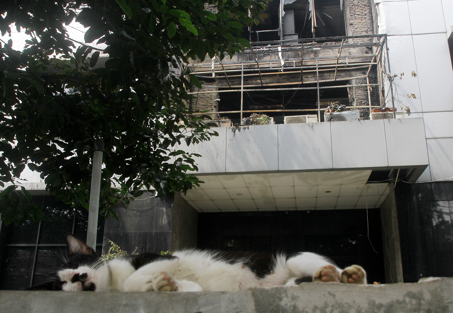 Seorang Jurnalis mengambil gambar gedung YLBHI yang terbakar di Menteng, Jakarta, Selasa (9/4/2024). (BeritaNasional/Oke Atmaja)