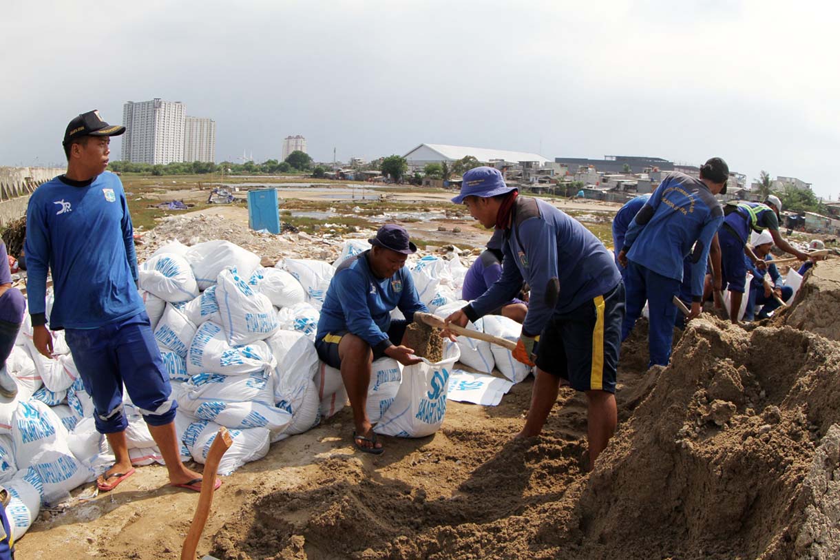 Petugas Suku Dinas Sumber Daya Air (SDA) Jakarta Utara menambal tanggul laut Muara Baru yang bocor di kawasan Muara Baru, Jakarta, Selasa(5/12/2025).  (Beritanasional.com/Oke Atmaja)